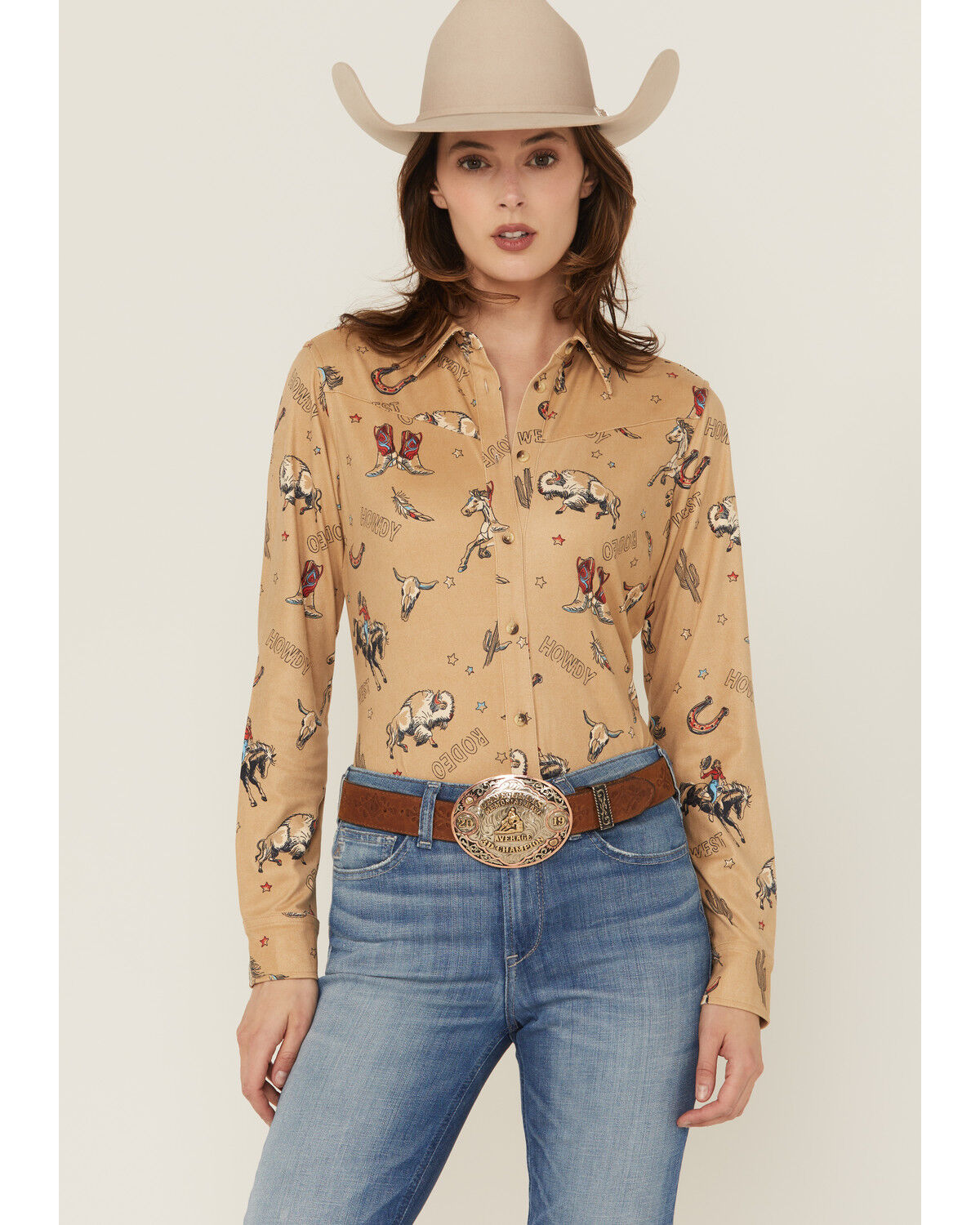 Shyanne Women's Conversational Western Print Faux Suede Long Sleeve Button-Down Western Shirt