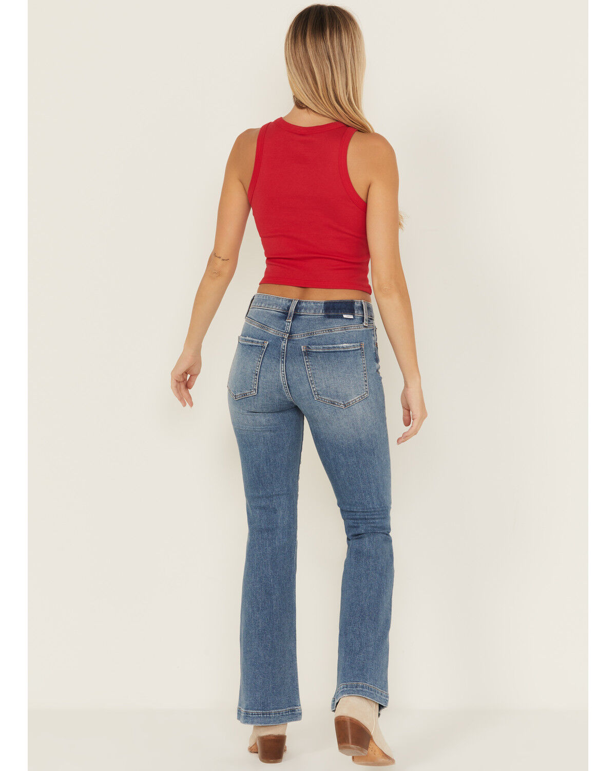 Daze Women's Text Me Medium Wash Mid Rise Flare Stretch Denim Jeans