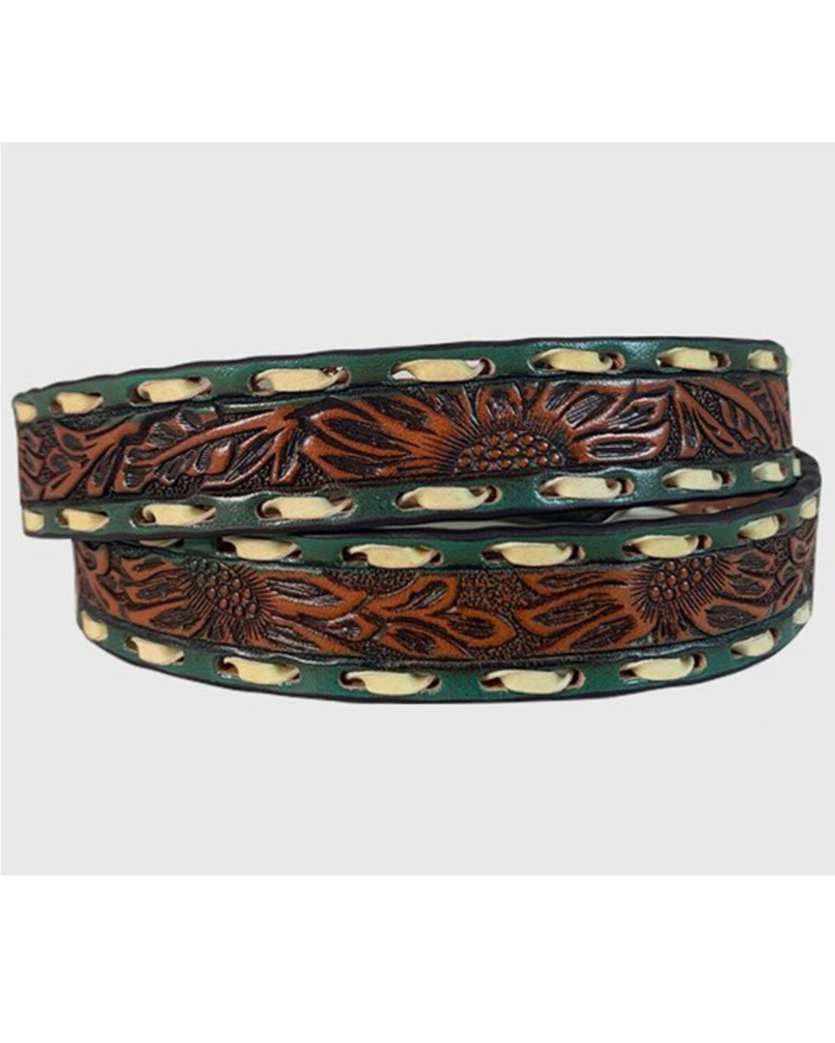 Lyntone Women's Brown & Turquoise Floral Tooled & Laced Leather Belt