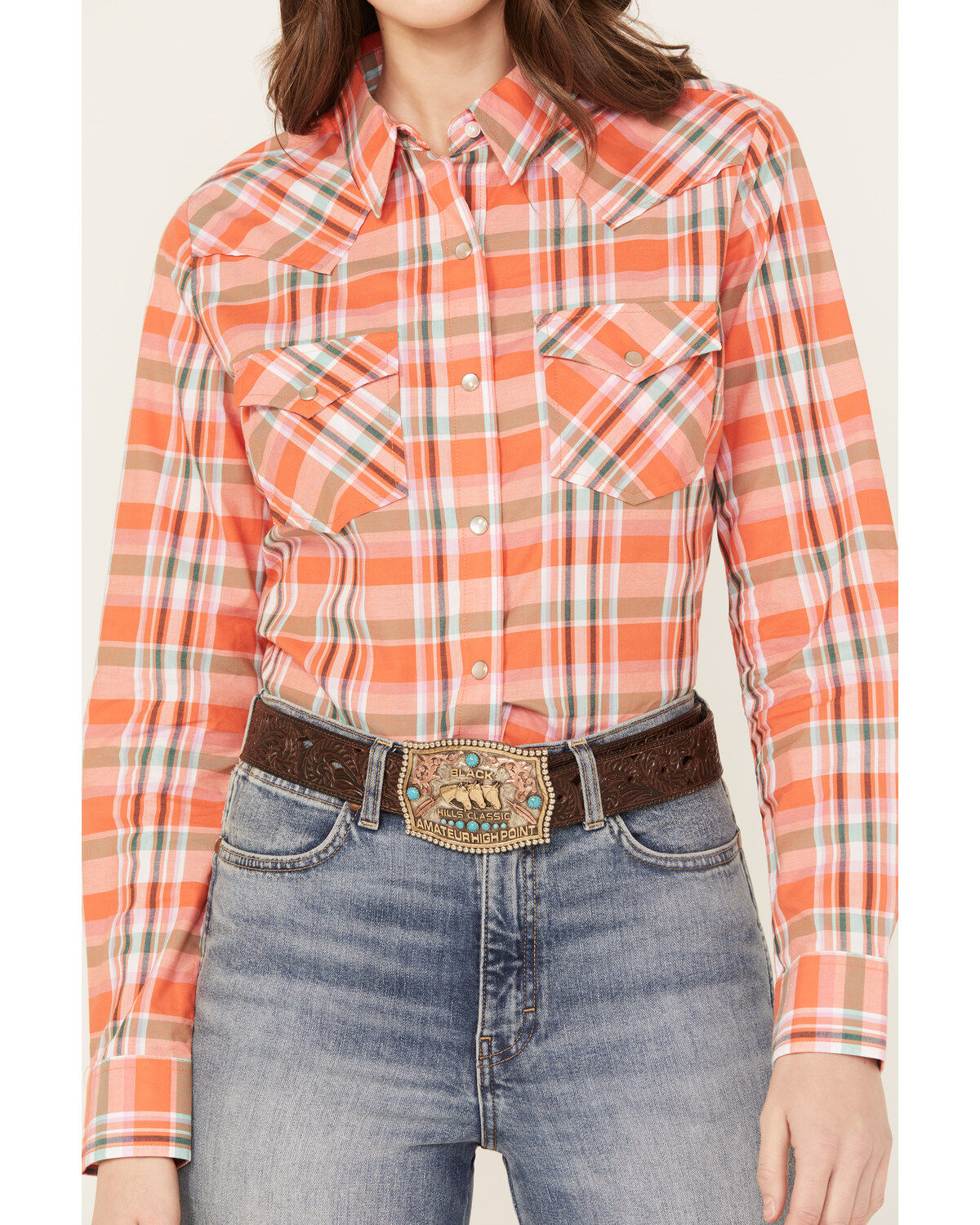 Wrangler Women's Plaid Print Long Sleeve Western Pearl Snap Shirt