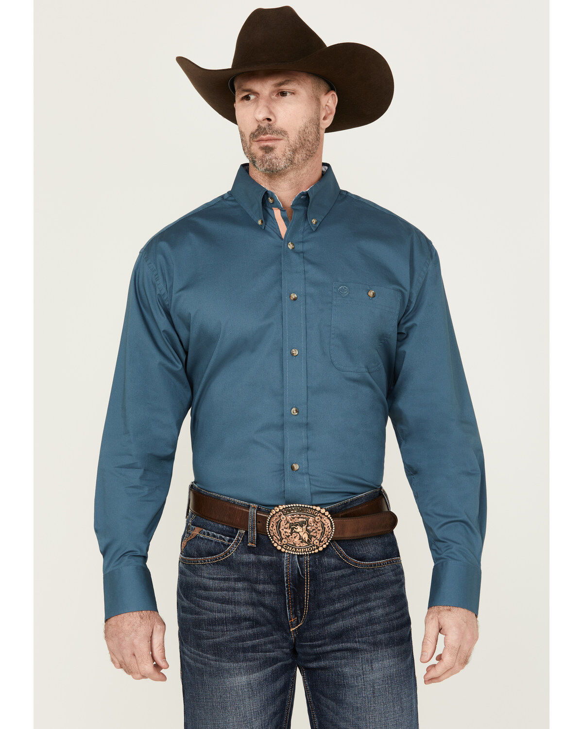 George Strait by Wrangler Men's Solid Long Sleeve Button-Down Stretch Western Shirt