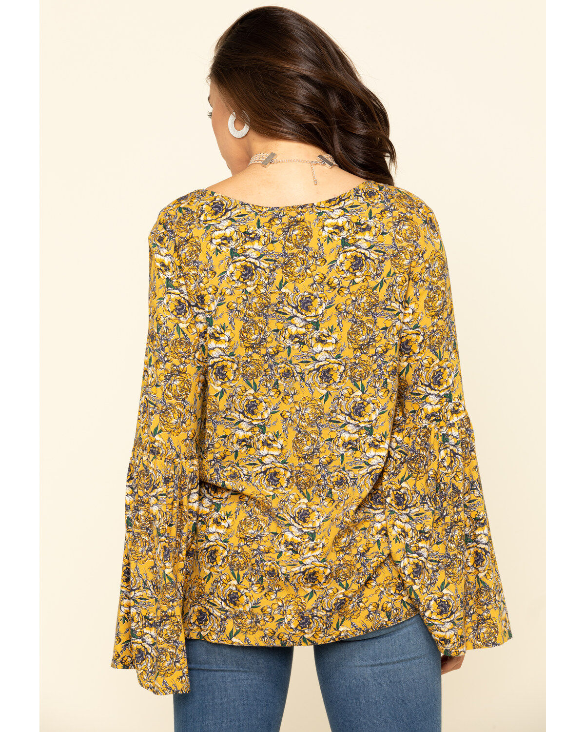 Rock & Roll Denim Women's Yellow Floral Bell Sleeve Top