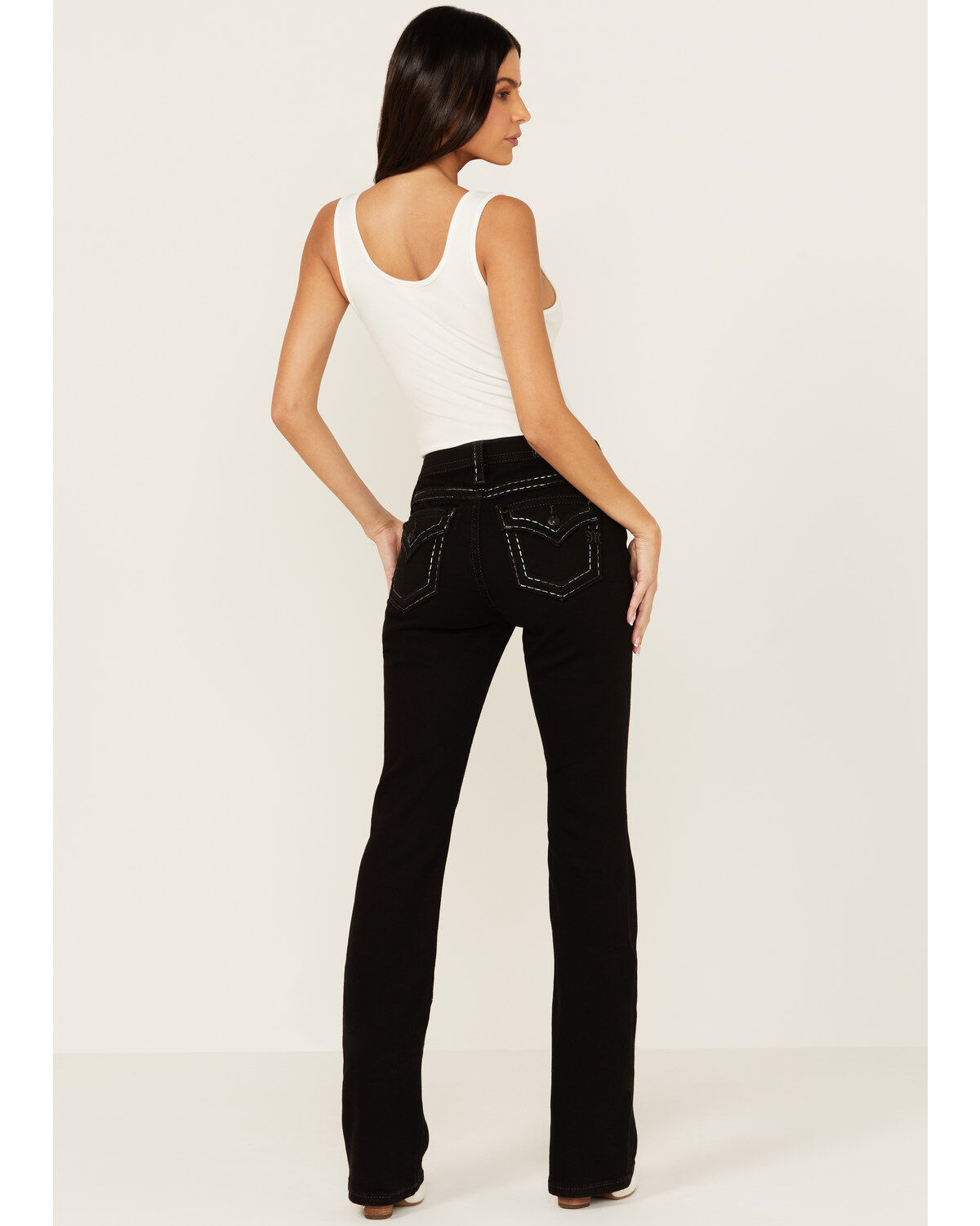 Miss Me Women's Mid Rise Border Pocket Bootcut Stretch Denim Jeans