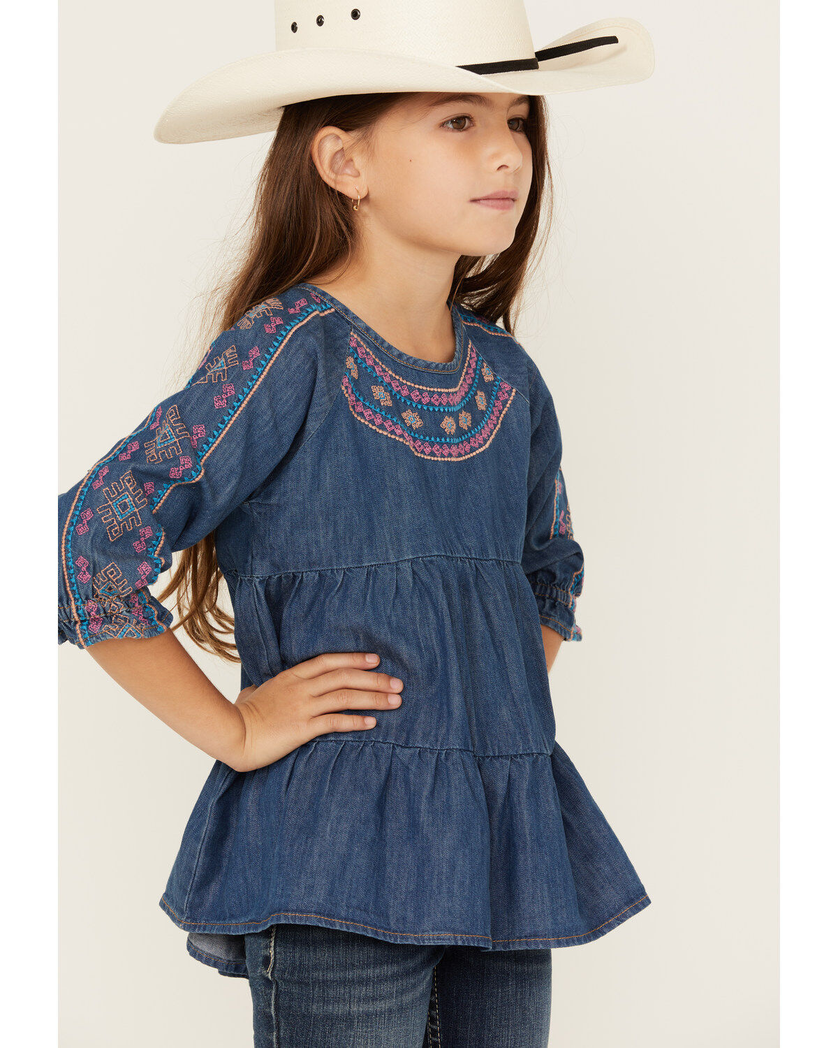 Wrangler Girls' Dark Wash Denim Embroidered Tunic Shirt