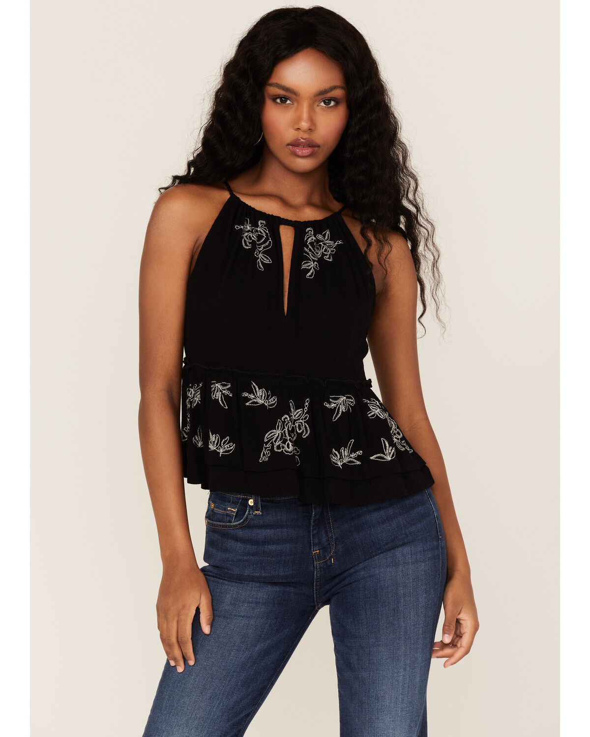 Shyanne Women's Embroidered Floral Keyhole Tank Top