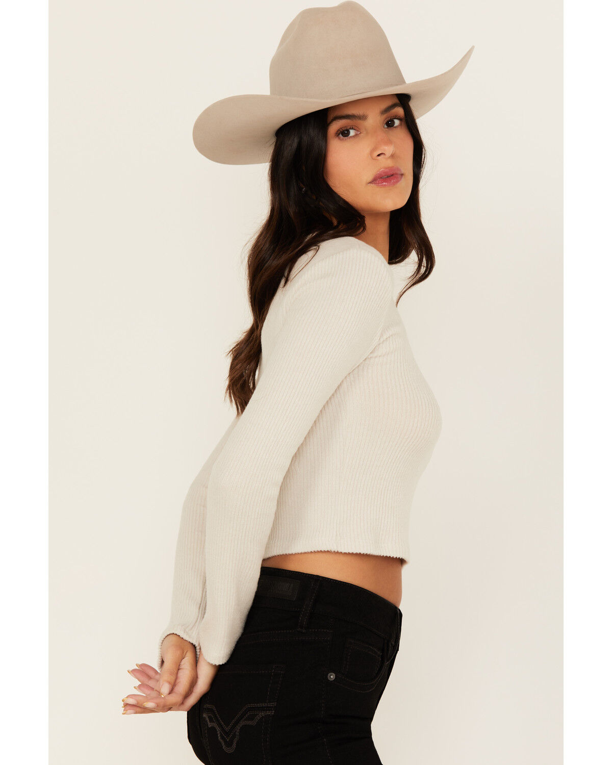 Originality Women's Solid Rib Knit Long Sleeve Cropped Shirt