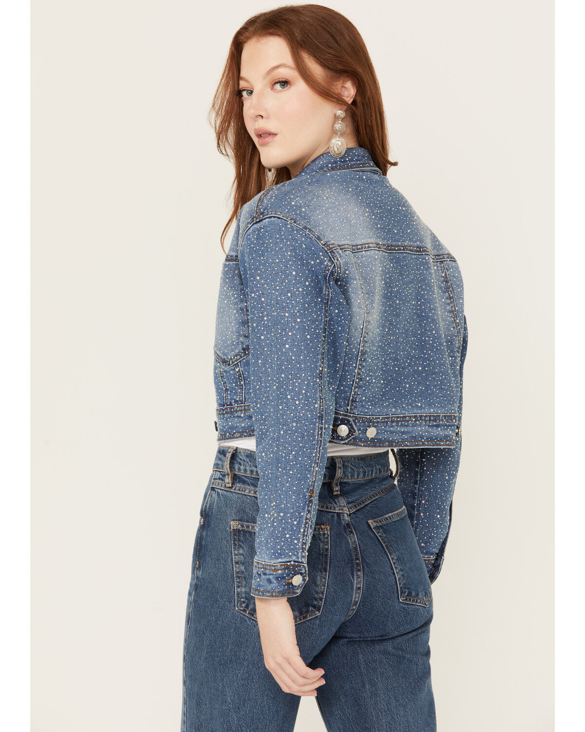 Vibrant Denim Women's Rhinestone Embellished Cropped Denim Jacket