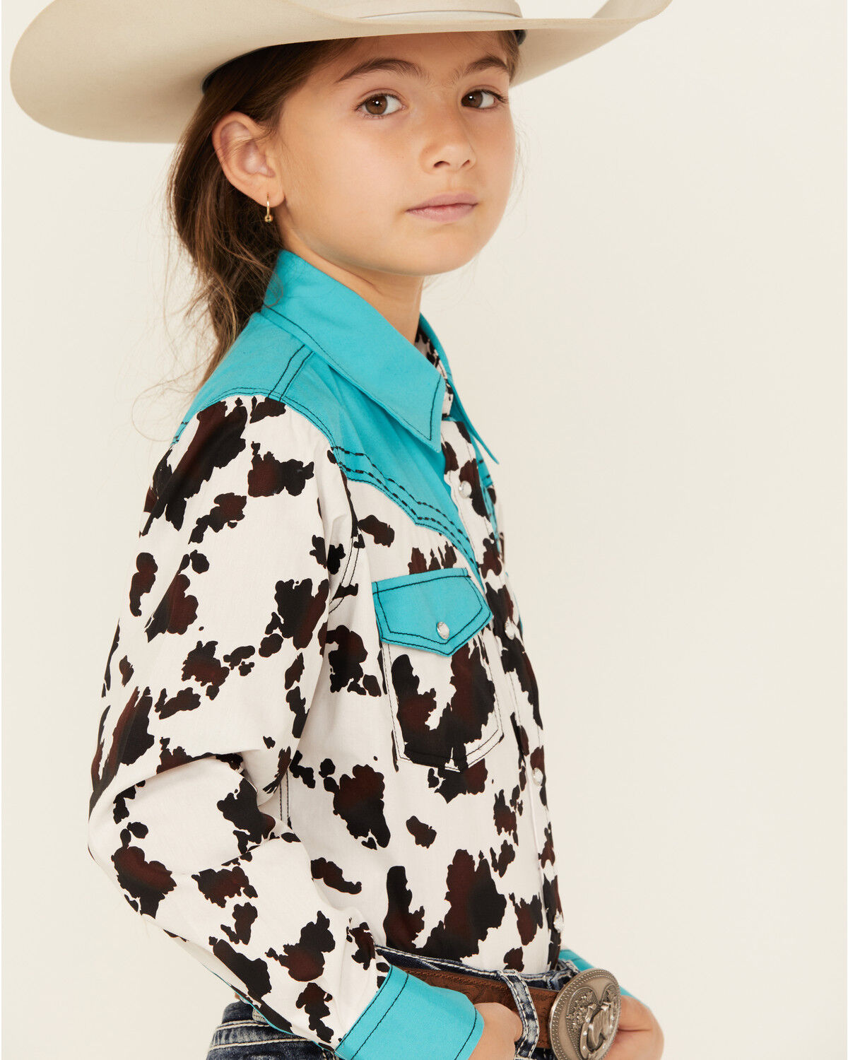 Cowgirl Hardware Girls' Moody Cow Print Long Sleeve Snap Western Shirt