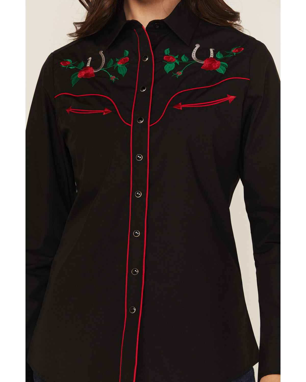 Rodeo Clothing Women's Rose Embroidered Long Sleeve Snap Western Shirt
