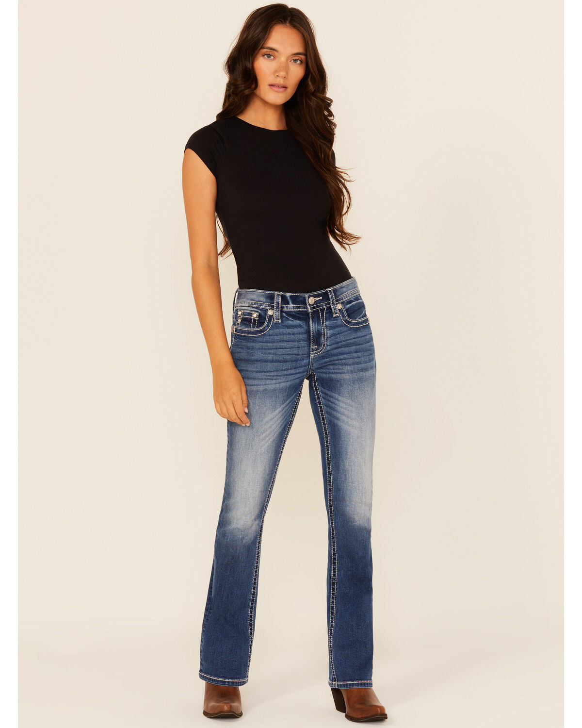 Miss Me Women's Medium Wash Mid Rise Fleur de Lis Pocket Bootcut Stretch Denim Jeans