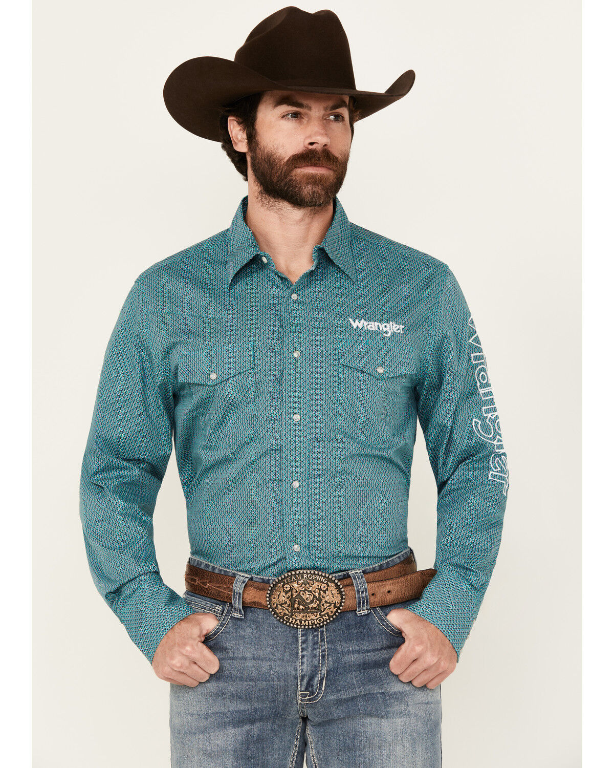 Wrangler Men's Logo Geo Print Long Sleeve Snap Western Shirt