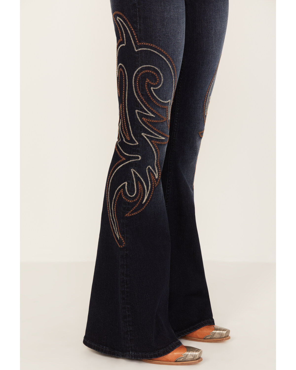Shyanne Women's Dark Wash Mid Rise Embroidered Flare Jeans