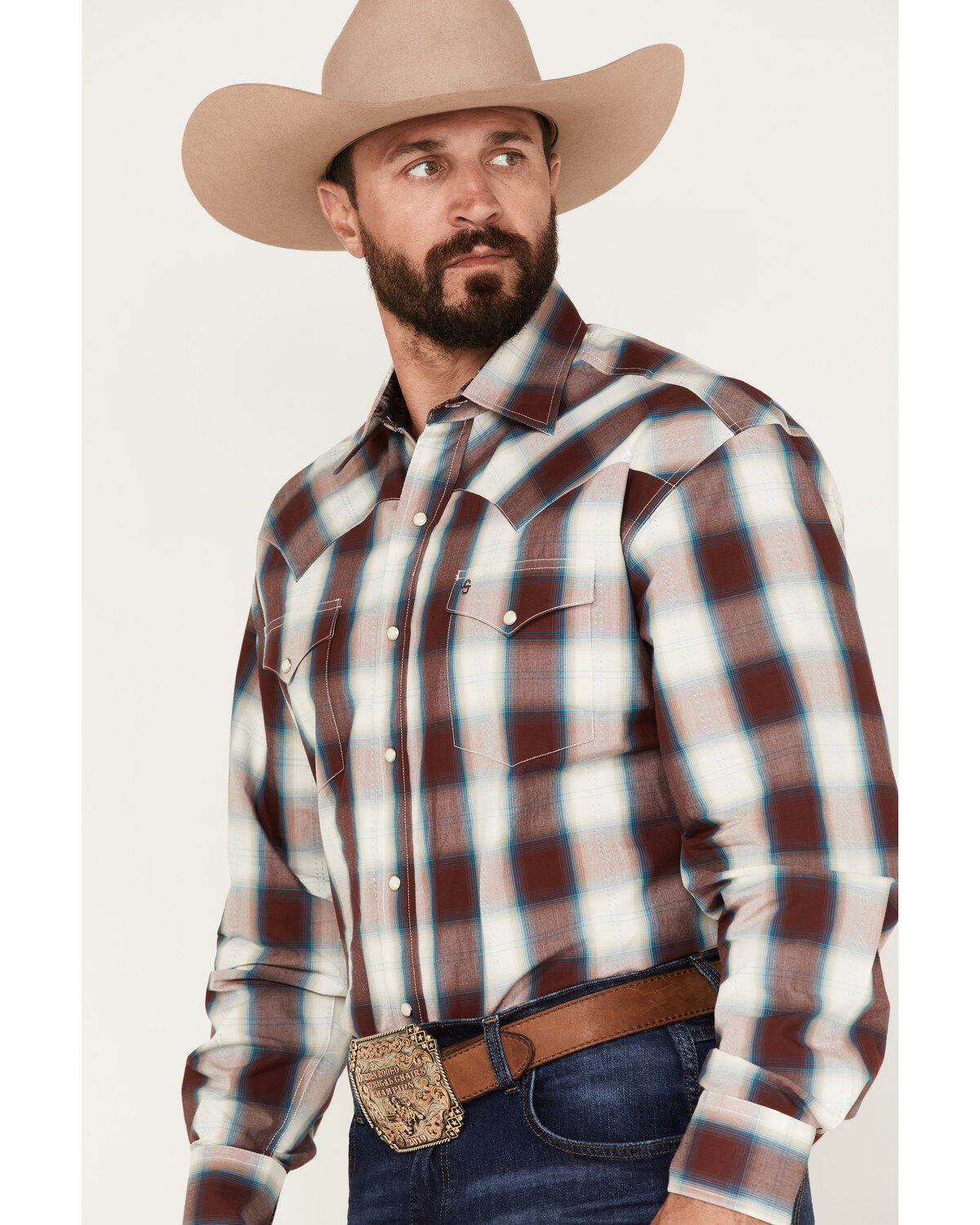 Stetson Men's Fancy Dobby Plaid Print Long Sleeve Snap Western Shirt
