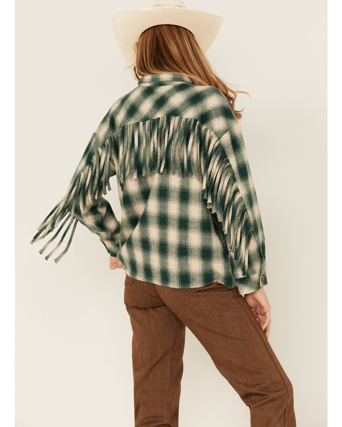 Entro Women's Green Plaid Fringe Yoke Shacket