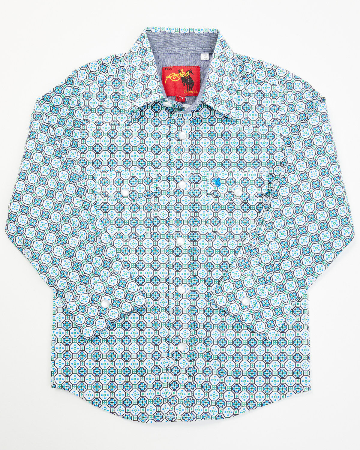 Rodeo Clothing Boys' Geo Print Long Sleeve Pearl Snap Western Shirt