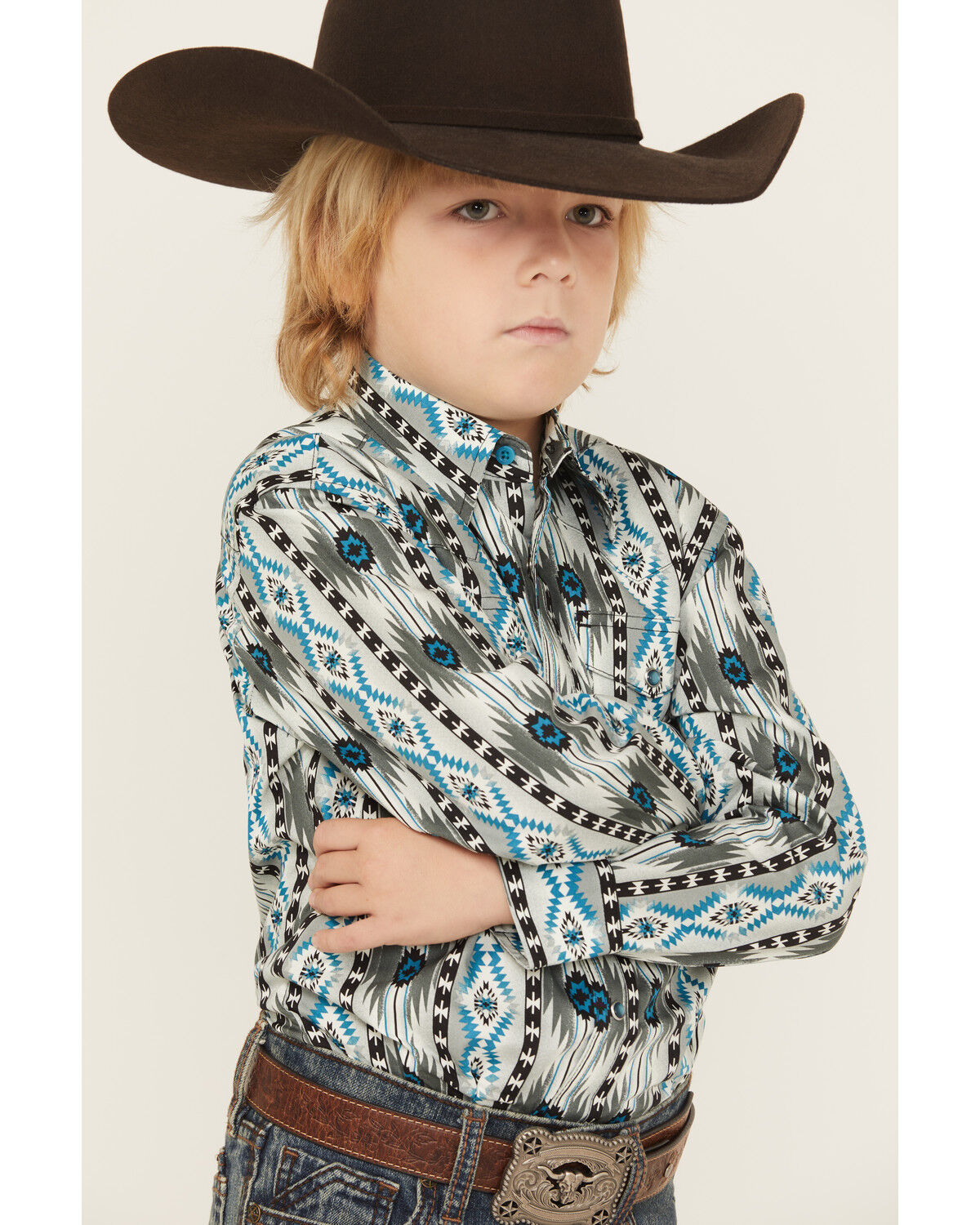 Wrangler Boys' Checotah Southwestern Print Long Sleeve Snap Western Shirt