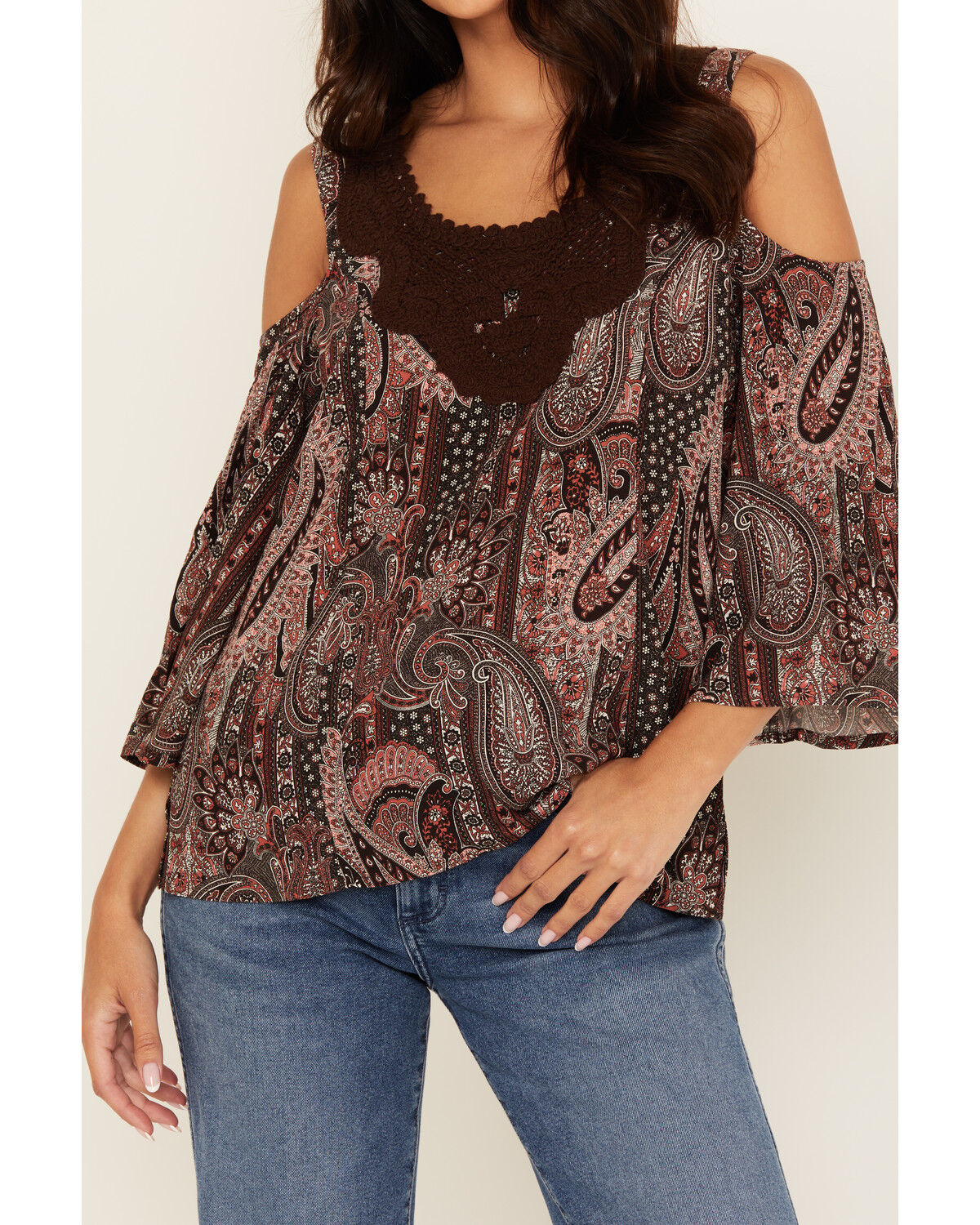 Shyanne Women's Printed Cold Shoulder Crochet Trim Top