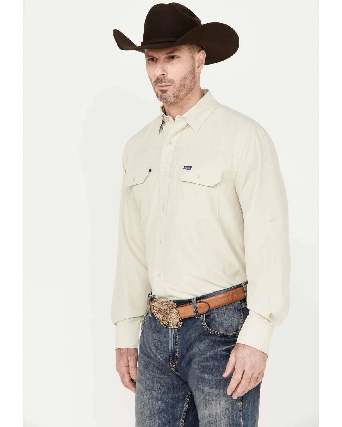Wrangler Men's Solid Performance Long Sleeve Button Down Shirt
