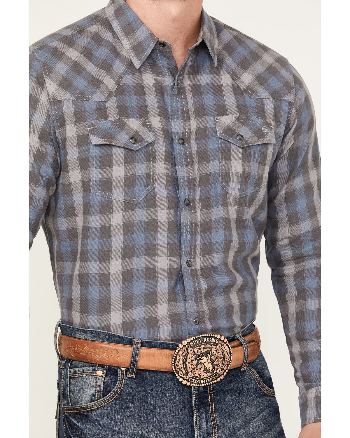 Blue Ranchwear Men's Eastland Plaid Print Long Sleeve Snap Shirt