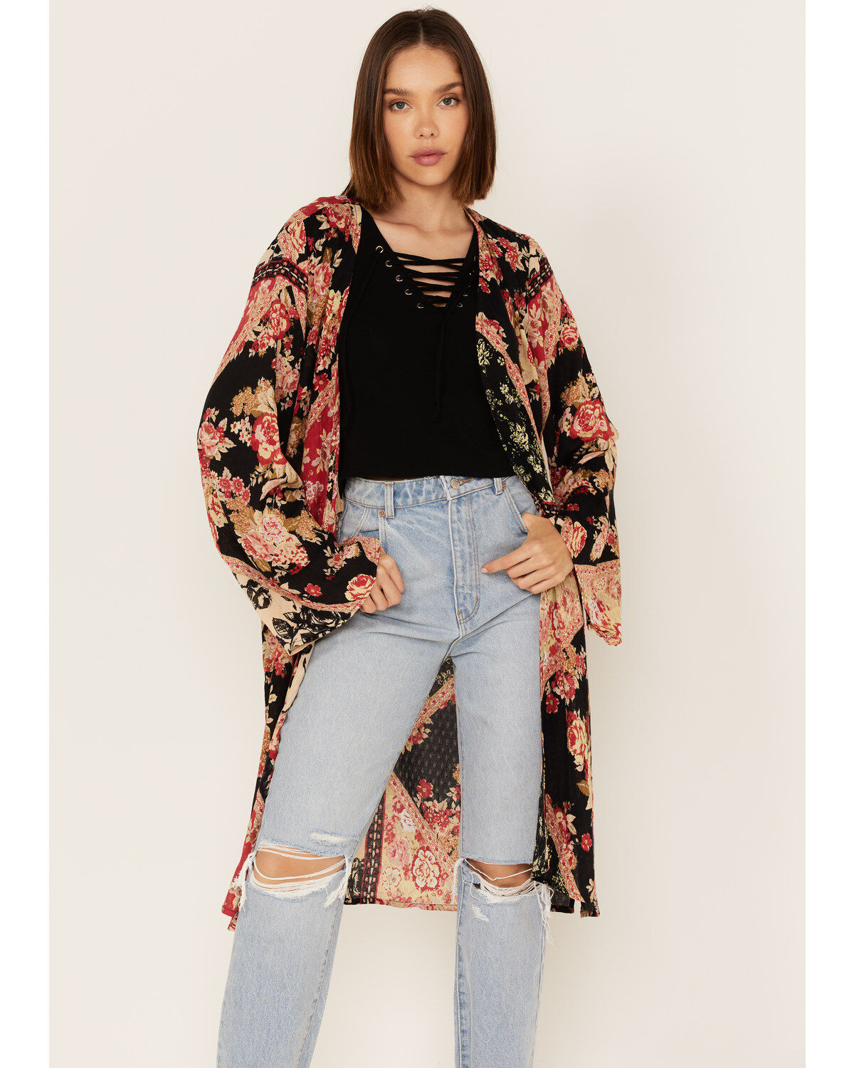 Band of the Free Women's High Hopes Patchwork Floral Print Long Sleeve Kimono