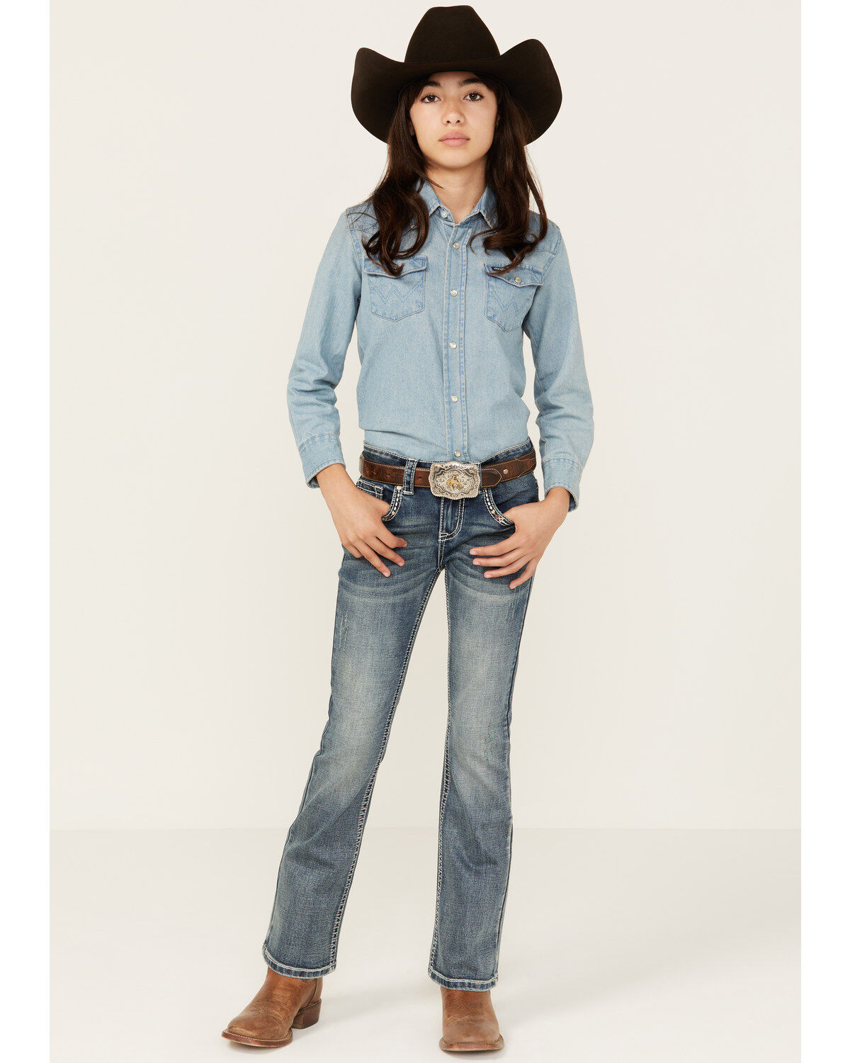 Shyanne Girls' Cowhide Steer Head Light Wash Faded Stretch Bootcut Jeans