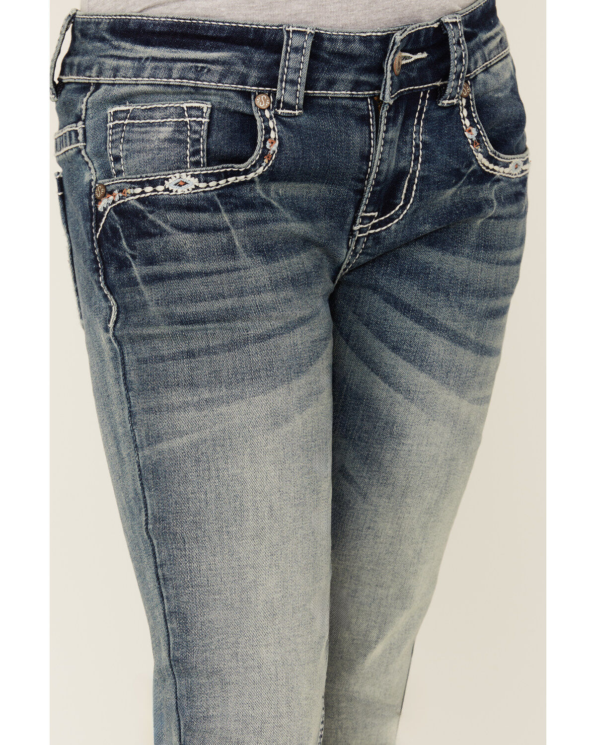 Shyanne Girls' Light Wash Steer Head Pocket Bootcut Stretch Denim Jeans
