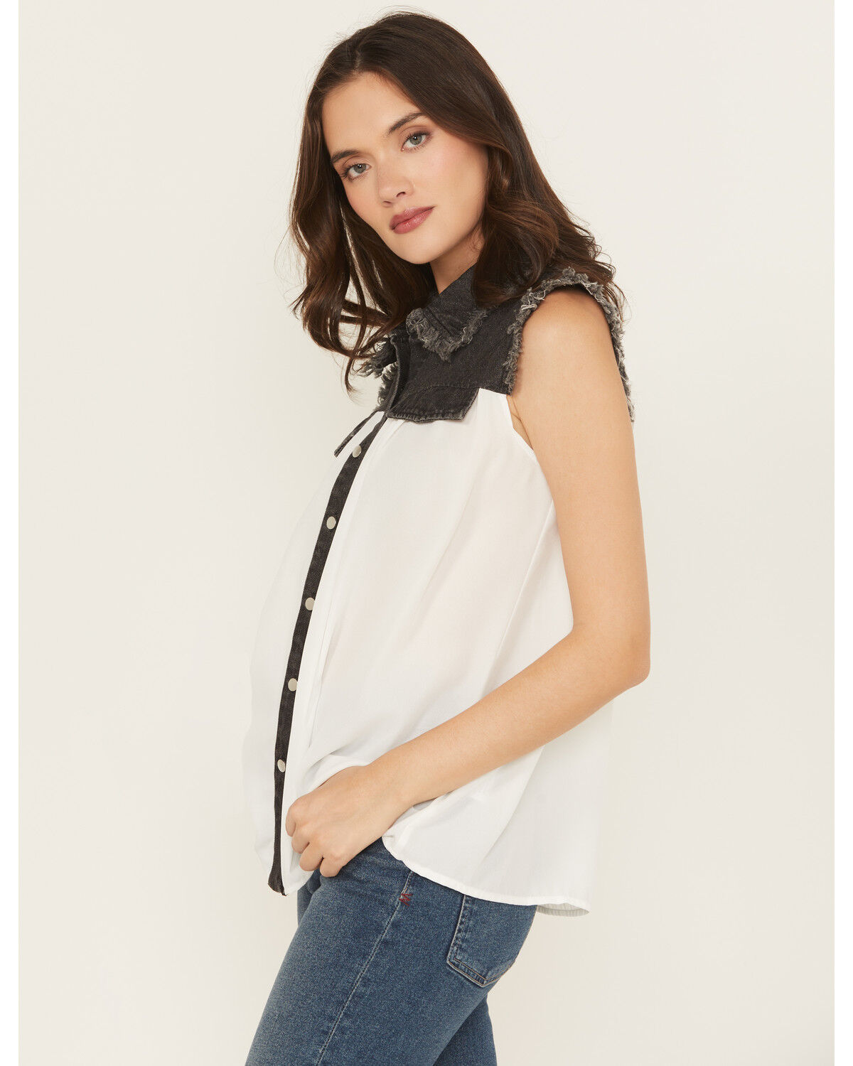 Cowgirl Hardware Women's Sleeveless Denim Chiffon Blouse