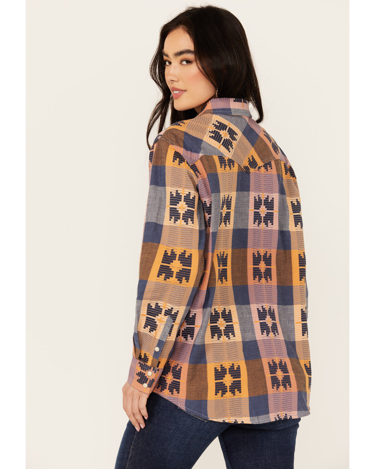 Wrangler Retro Women's Western Vintage Plaid Print Boyfriend Long Sleeve Snap Western Shirt