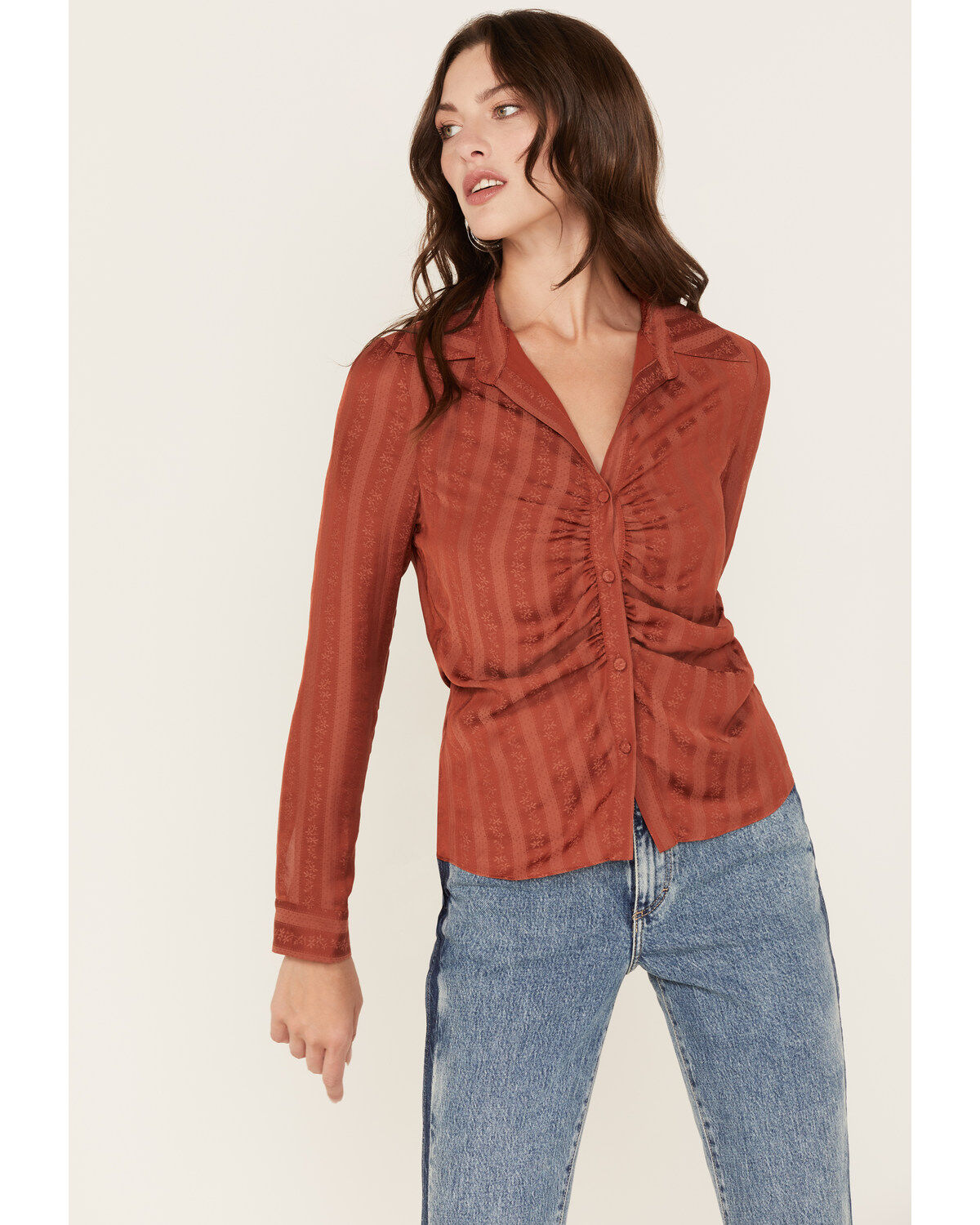 Sadie & Sage Women's Floral Stripe Print Ruched Long Sleeve Button Down Shirt