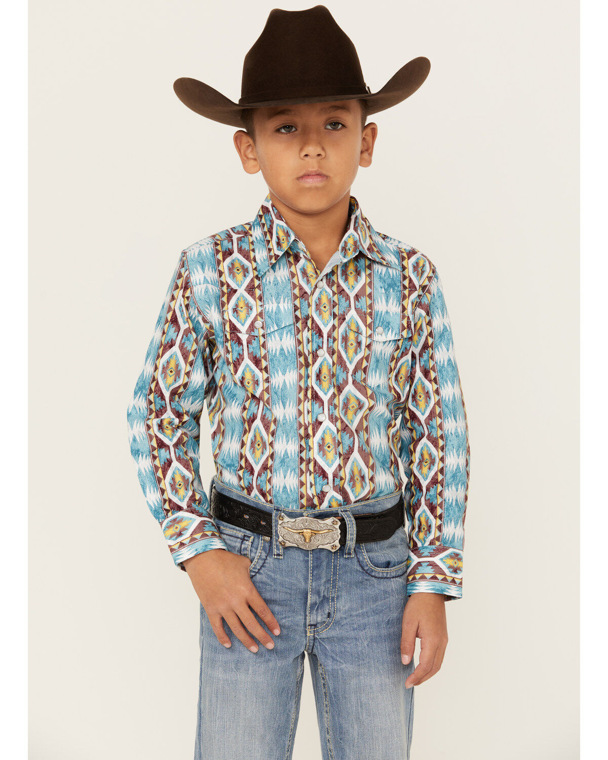 Wrangler Boys' Checotah Southwestern Striped Long Sleeve Pearl Snap Western Shirt