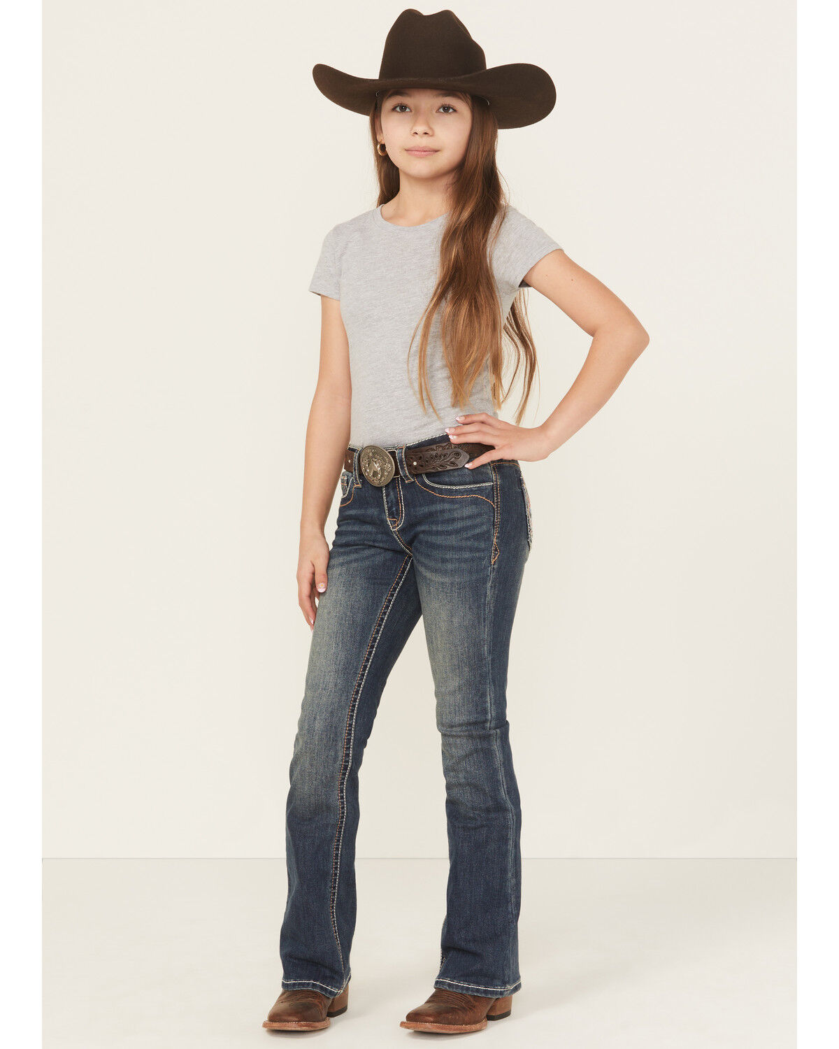 Grace in LA Girls' Medium Wash Floral Butterfly Pocket Bootcut Stretch Denim Jeans