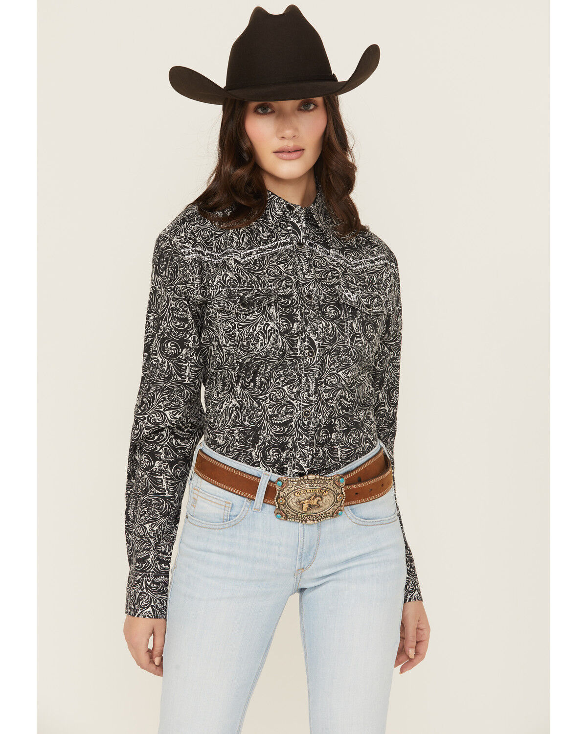 Cowgirl Hardware Women's Scroll Print Long Sleeve Snap Stretch Western Shirt