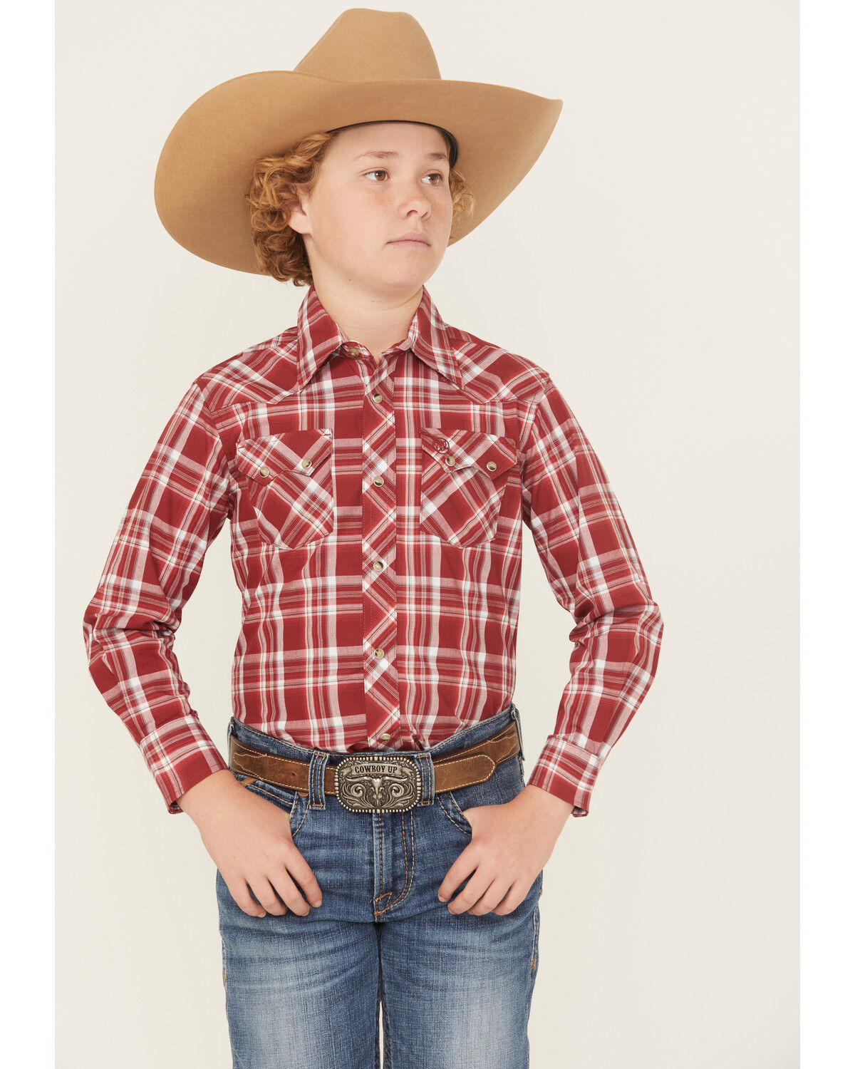 Wrangler Retro Boys' Plaid Print Long Sleeve Snap Western Shirt
