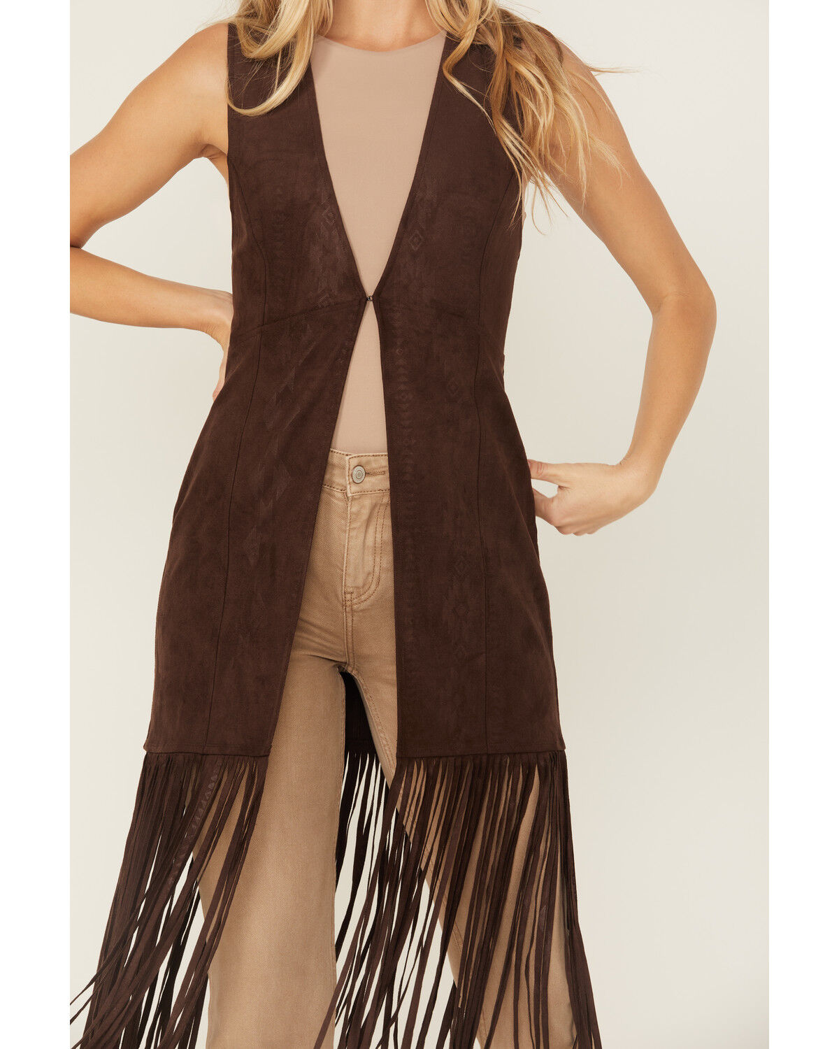 Shyanne Women's Embossed Southwestern Print Fringe Faux Suede Vest