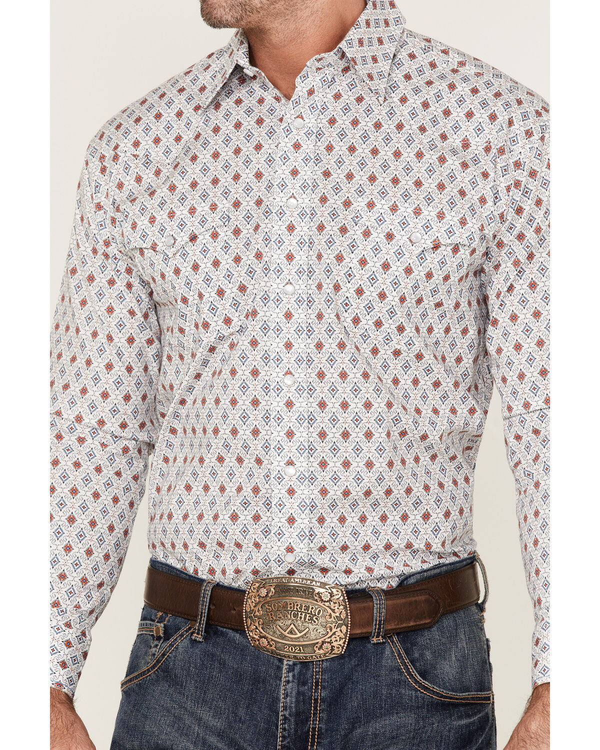 Rough Stock By Panhandle Men's Fancy Diamond Print Long Sleeve Pearl Snap Western Shirt