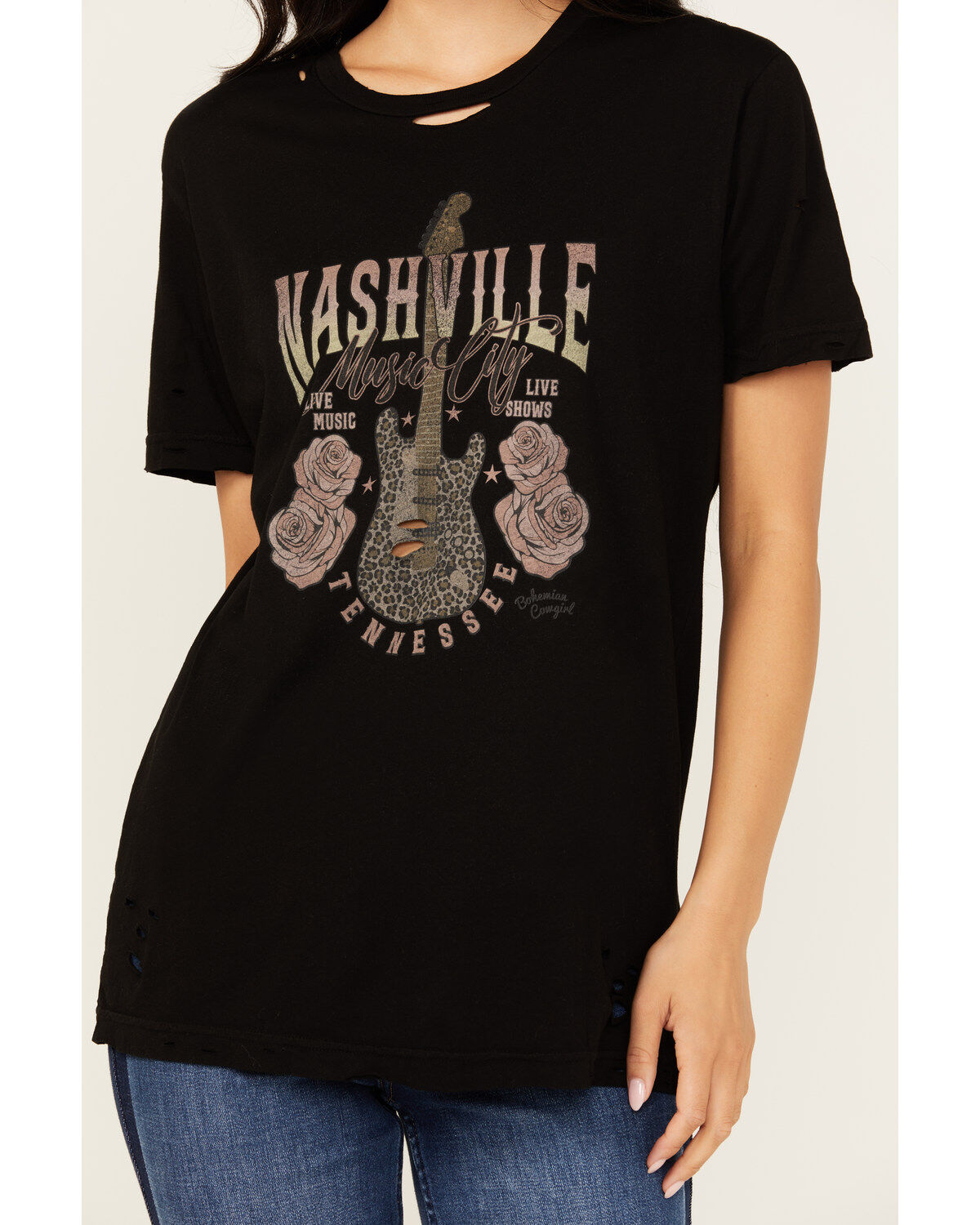 Bohemian Cowgirl Women's Nashville Leopard Guitar Destructed Short Sleeve Graphic Tee