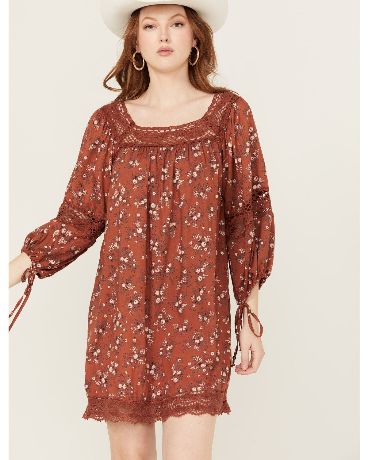 Angie Women's Floral Print Crochet Long Sleeve Mini Dress