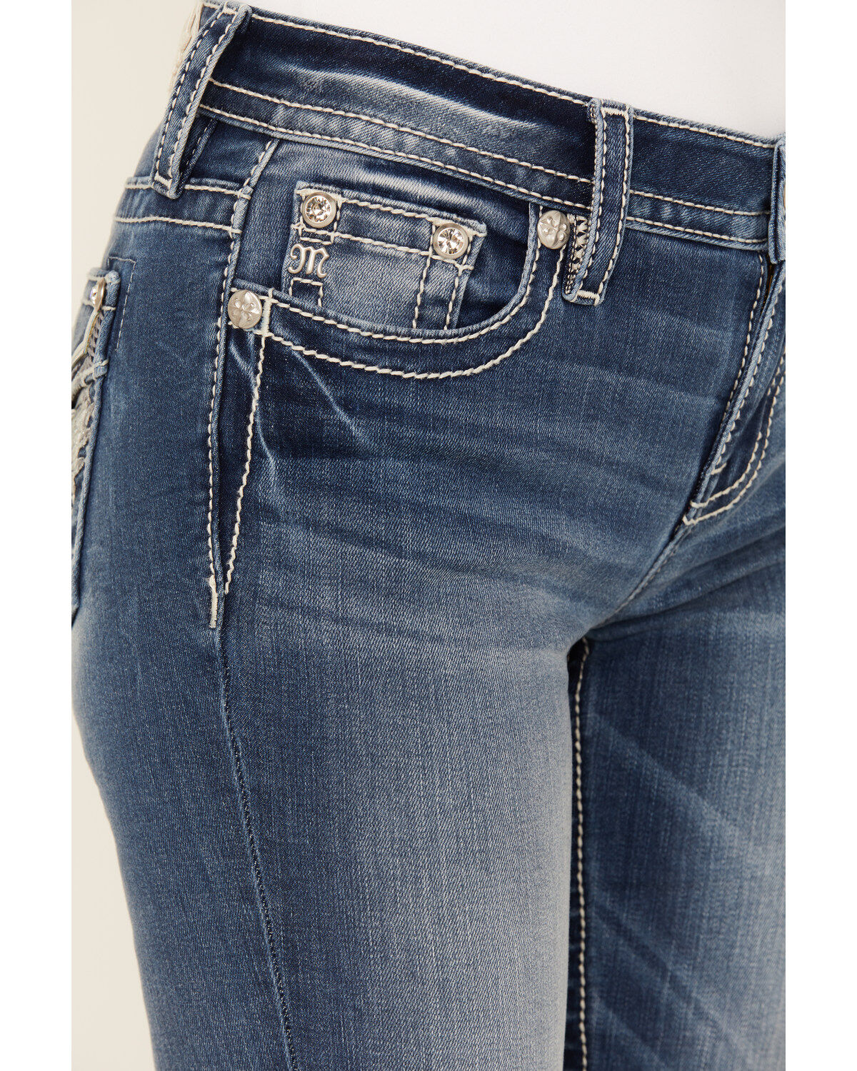 Miss Me Women's Medium Wash Mid Rise Wing Pocket Bootcut Stretch Denim Jeans