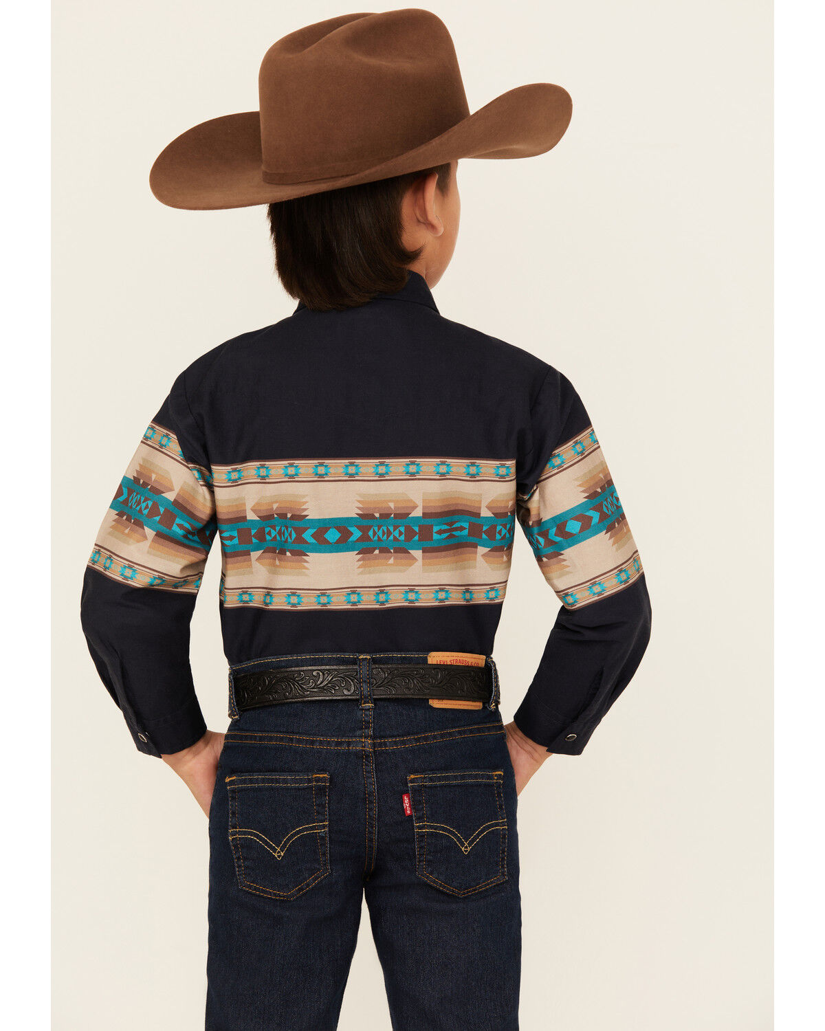 Roper Boys' Southwestern Border Print Long Sleeve Pearl Snap Western Shirt