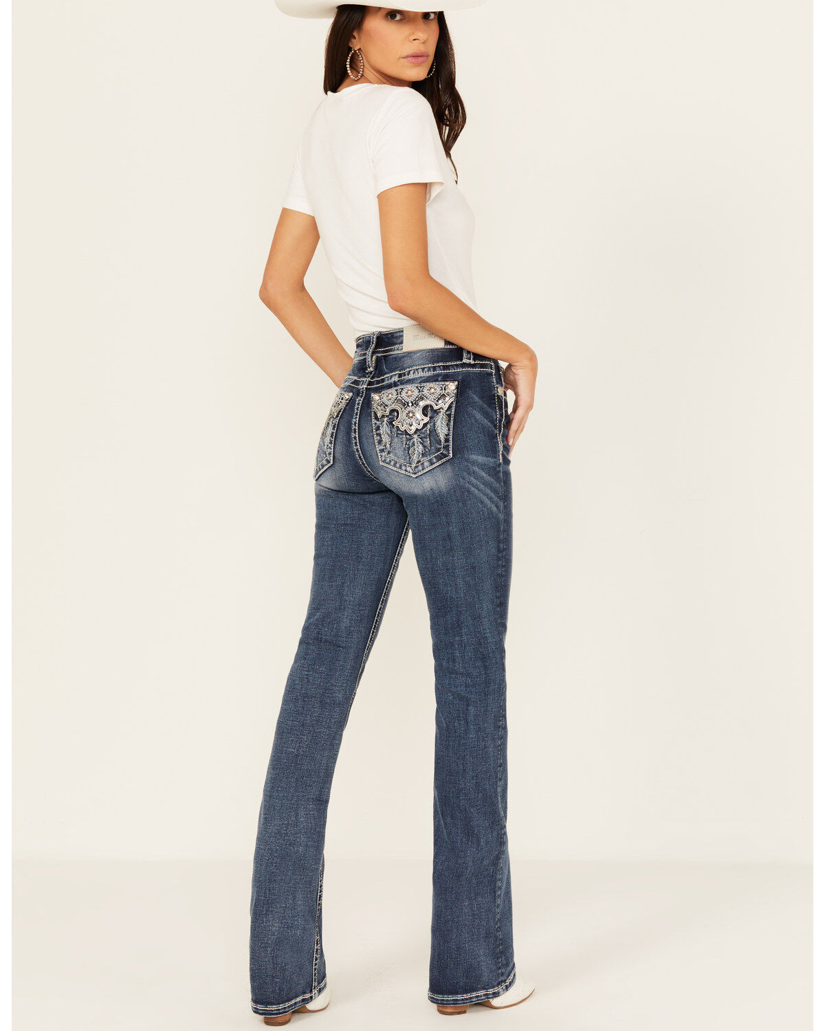 Miss Me Women's Dark Rise Mid Wash Geo Feather Pocket Bootcut Stretched Denim Jeans