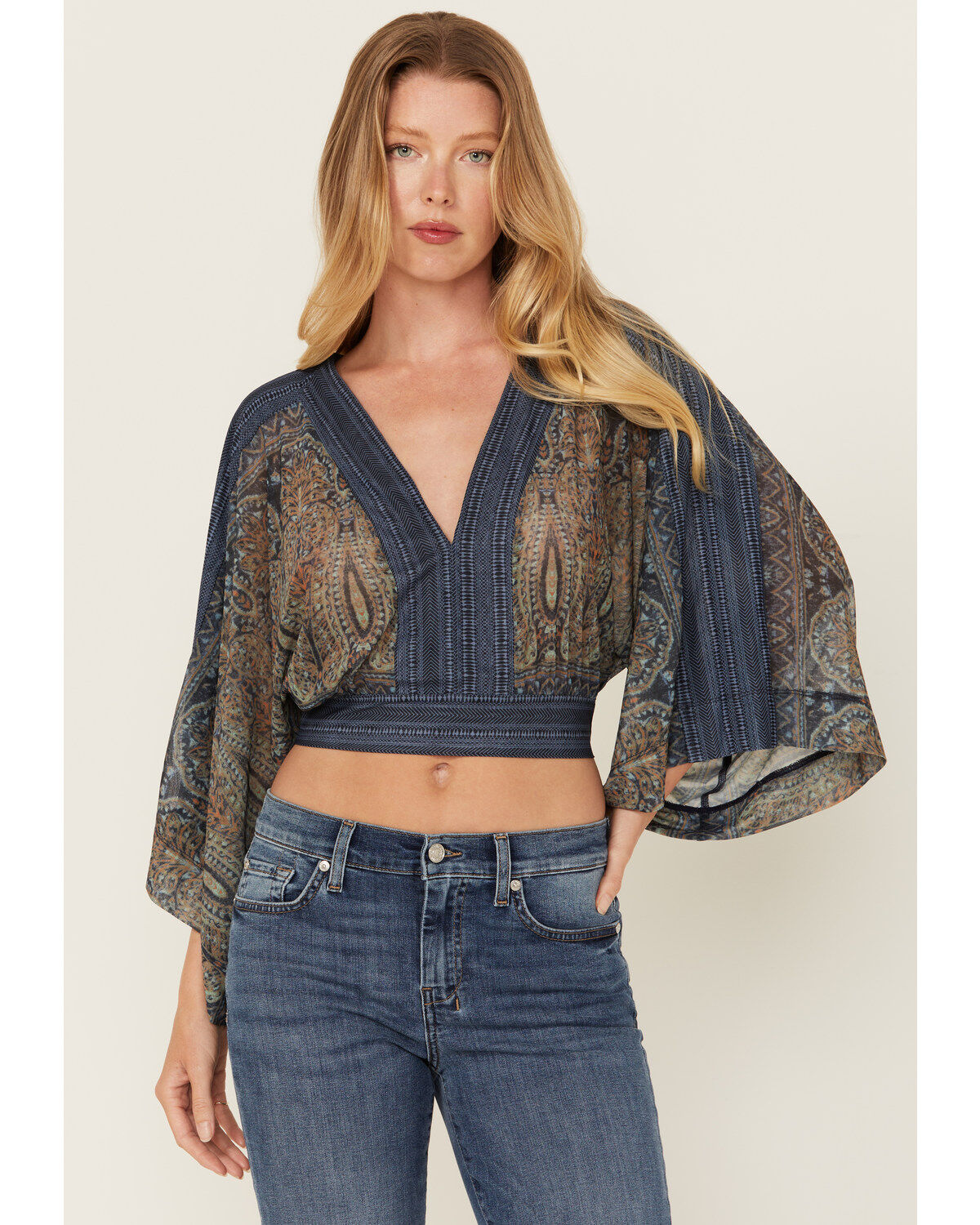 Beyond The Radar Women's Paisley Print Mesh Long Sleeve Top