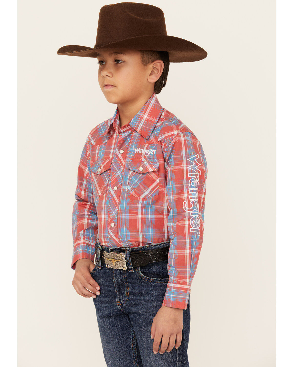 Wrangler Boys' Logo Plaid Print Long Sleeve Snap Western Shirt