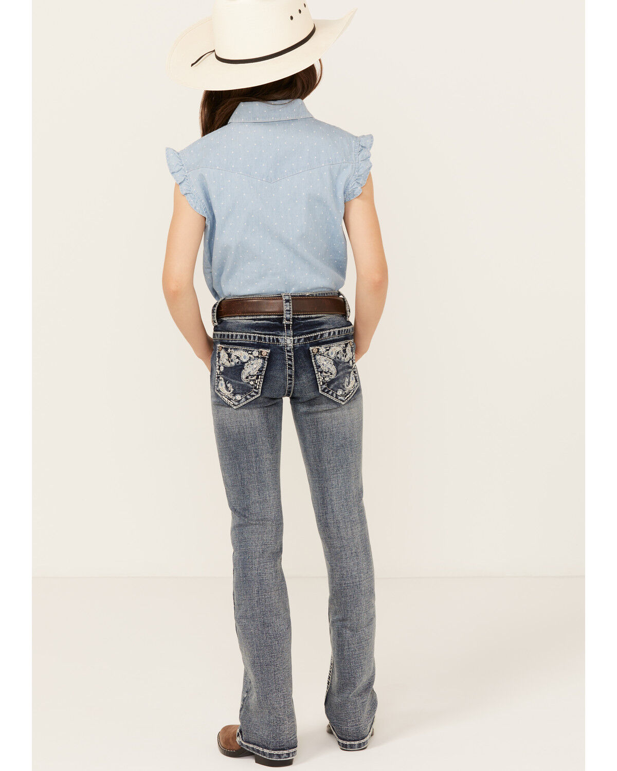 Shyanne Little Girls' Medium Wash Faded Paisley Pocket Stretch Bootcut Jeans