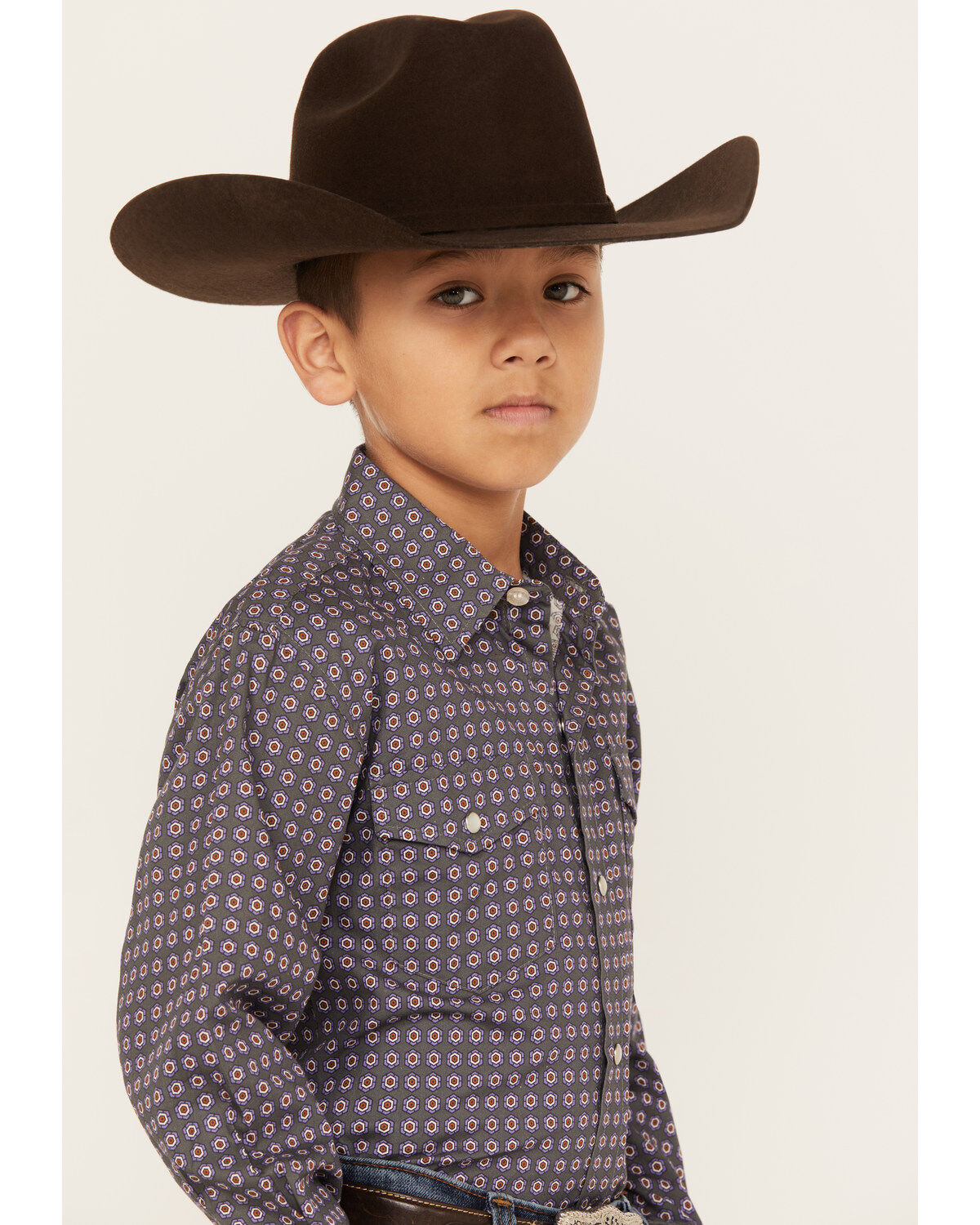 Roper Boys' Amarillo Geo Print Long Sleeve Western Pearl Snap Shirt