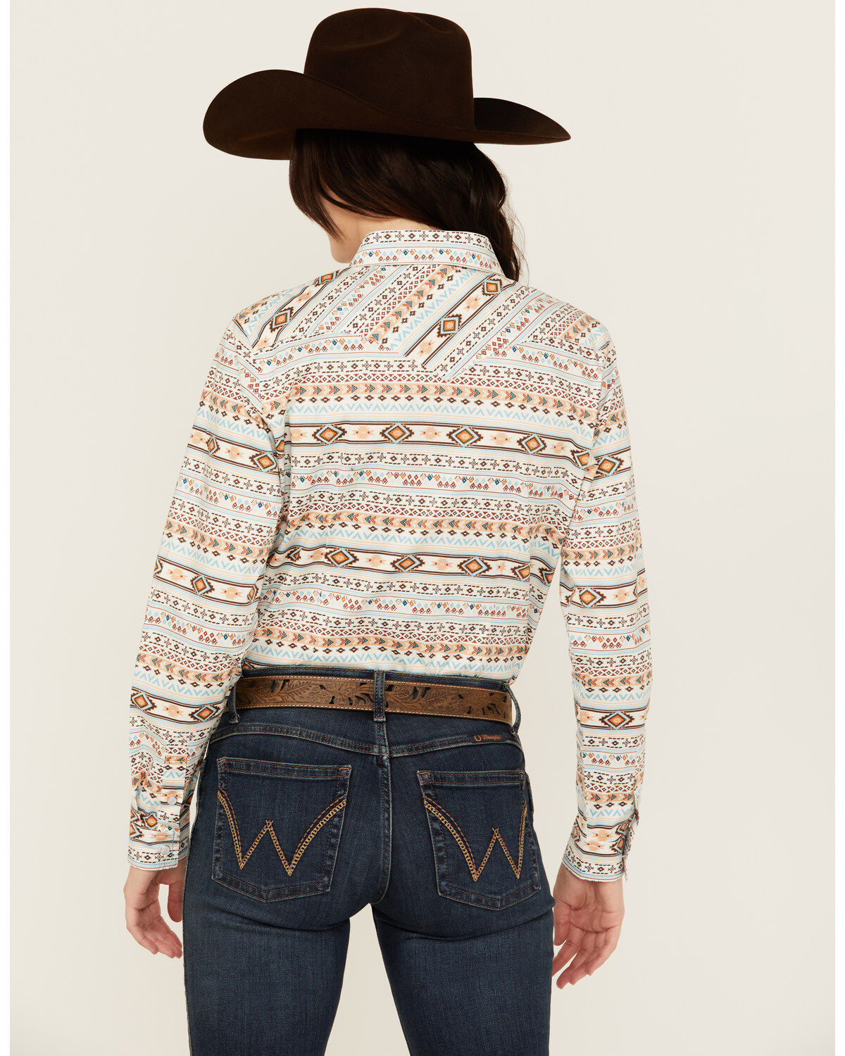 Rough Stock by Panhandle Women's Southwestern Striped Long Sleeve Pearl Snap Stretch Western Shirt