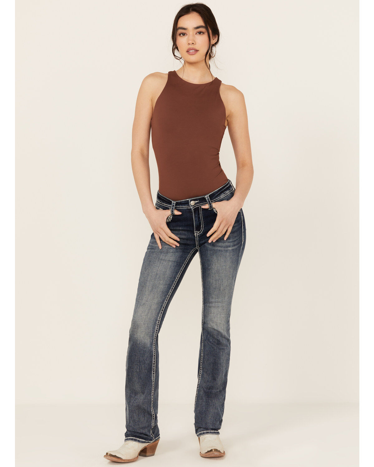 Grace In LA Women's Medium Wash Sequin Cow Skull Mid Rise Bootcut Stretch Denim Jeans