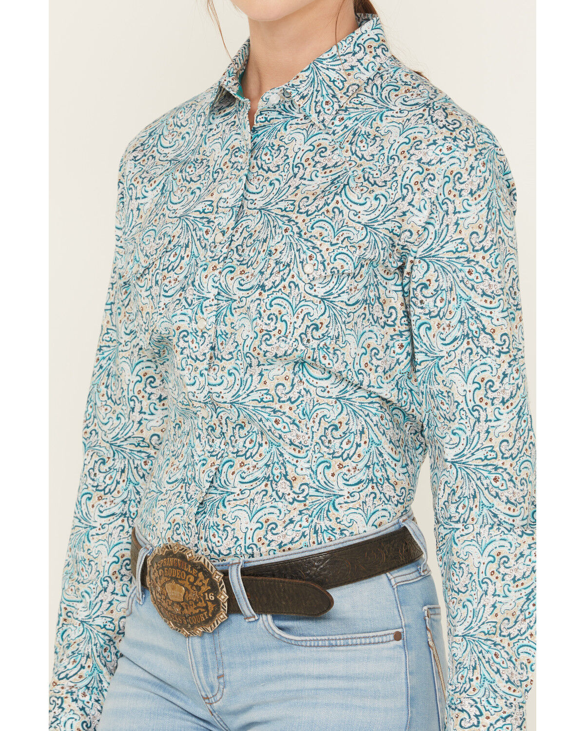 Rough Stock by Panhandle Women's Paisley Print Long Sleeve Pearl Snap Stretch Western Shirt