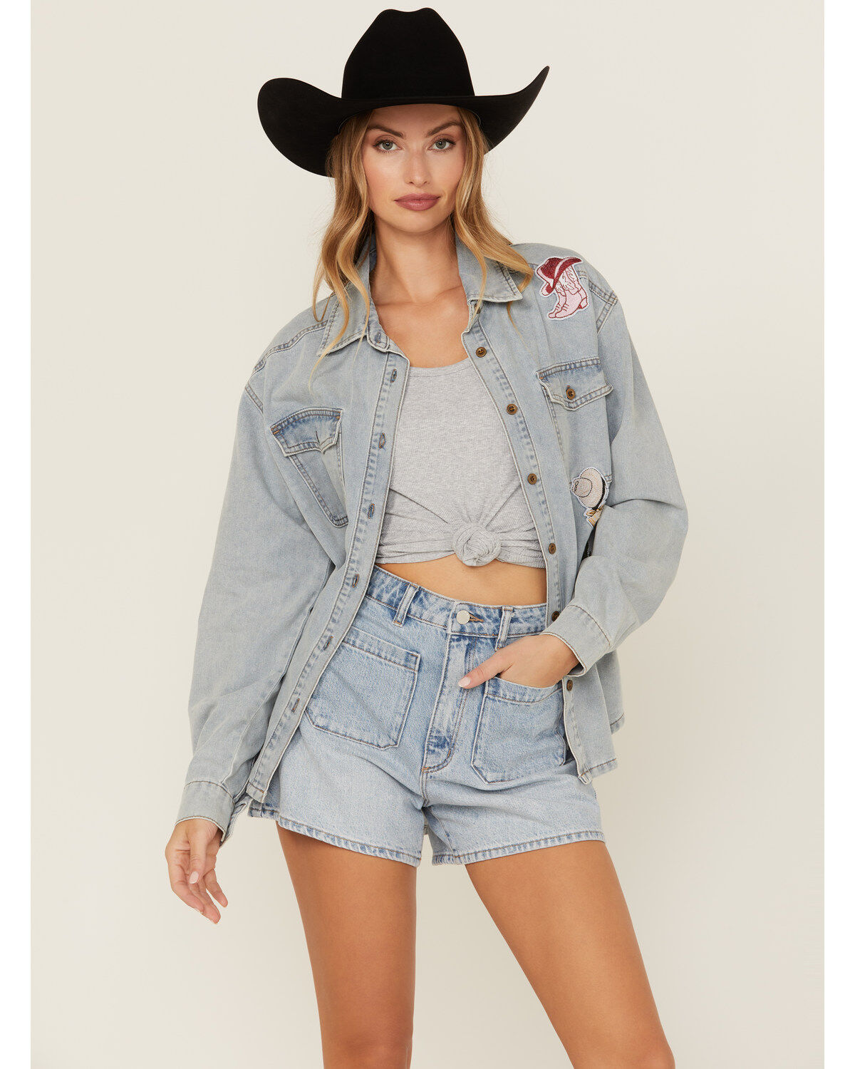 Blue B Women's Light Wash Denim Western Patchwork Long Sleeve Button-Down Western Shirt