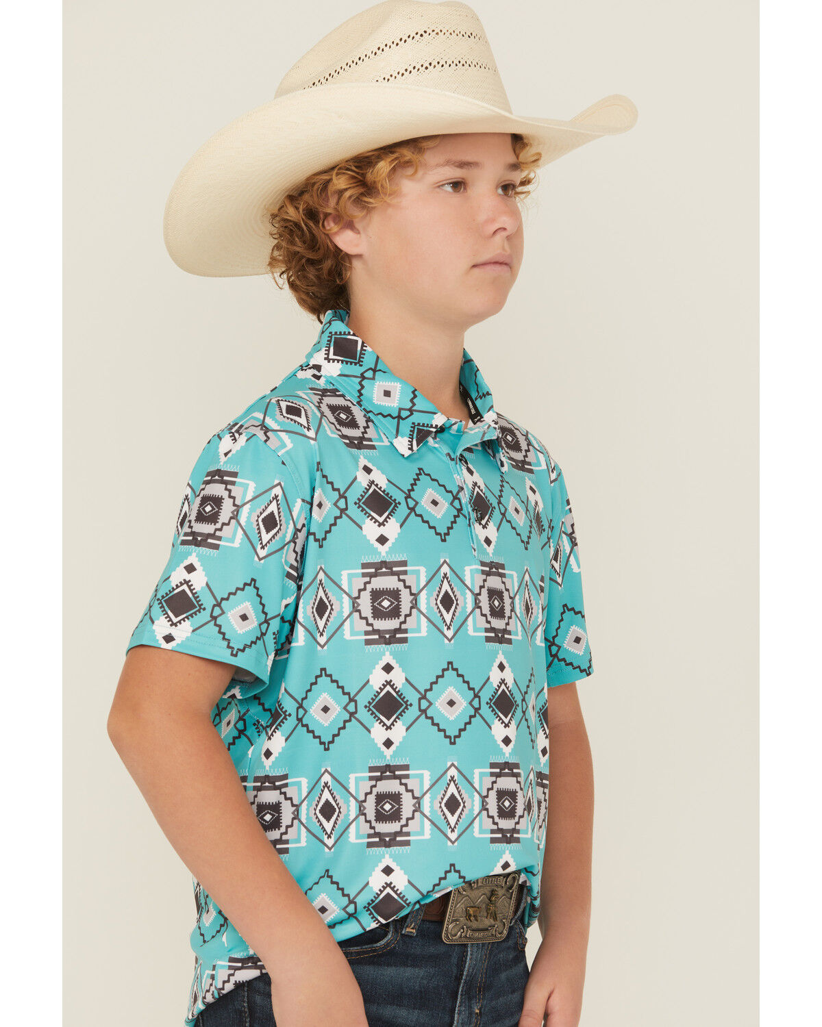 Hooey Boys' Southwestern Print Short Sleeve Button-Down Stretch Polo Shirt