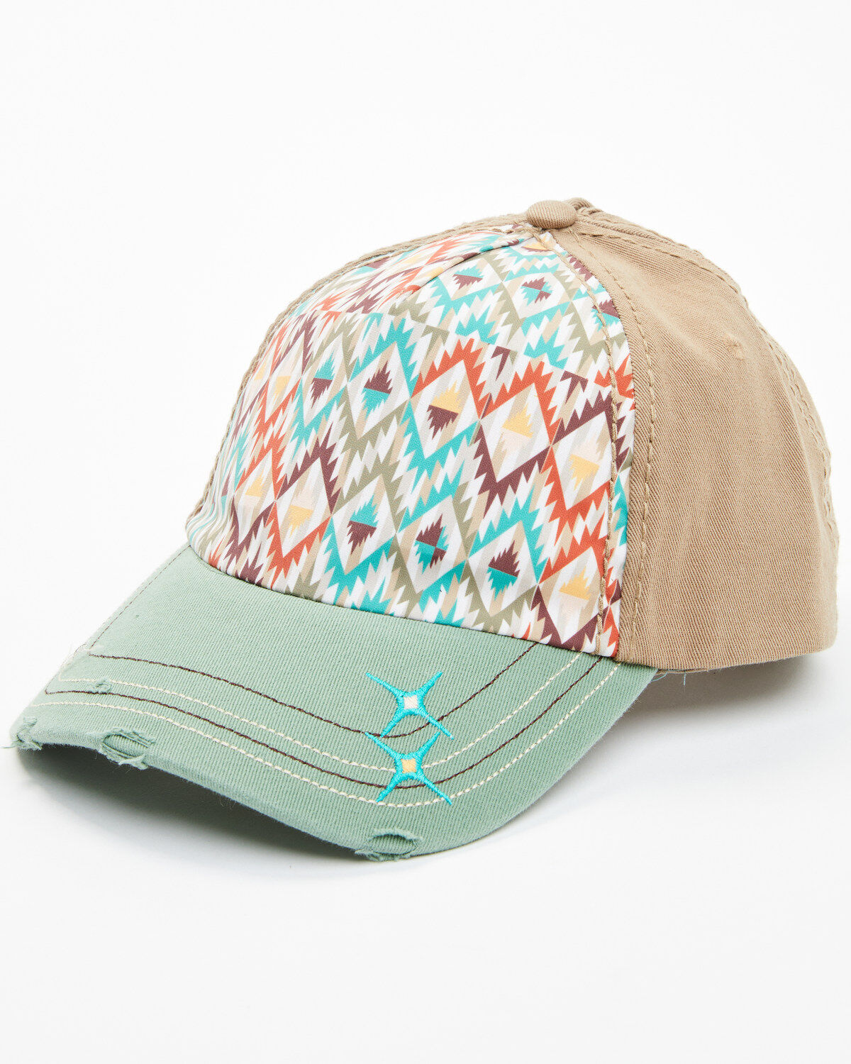 Catchfly Women's Southwestern Print Embroidered Distressed Ponytail Ball Cap